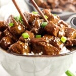 Printable recipe card for Teriyaki Steak Bites with ingredients and directions.