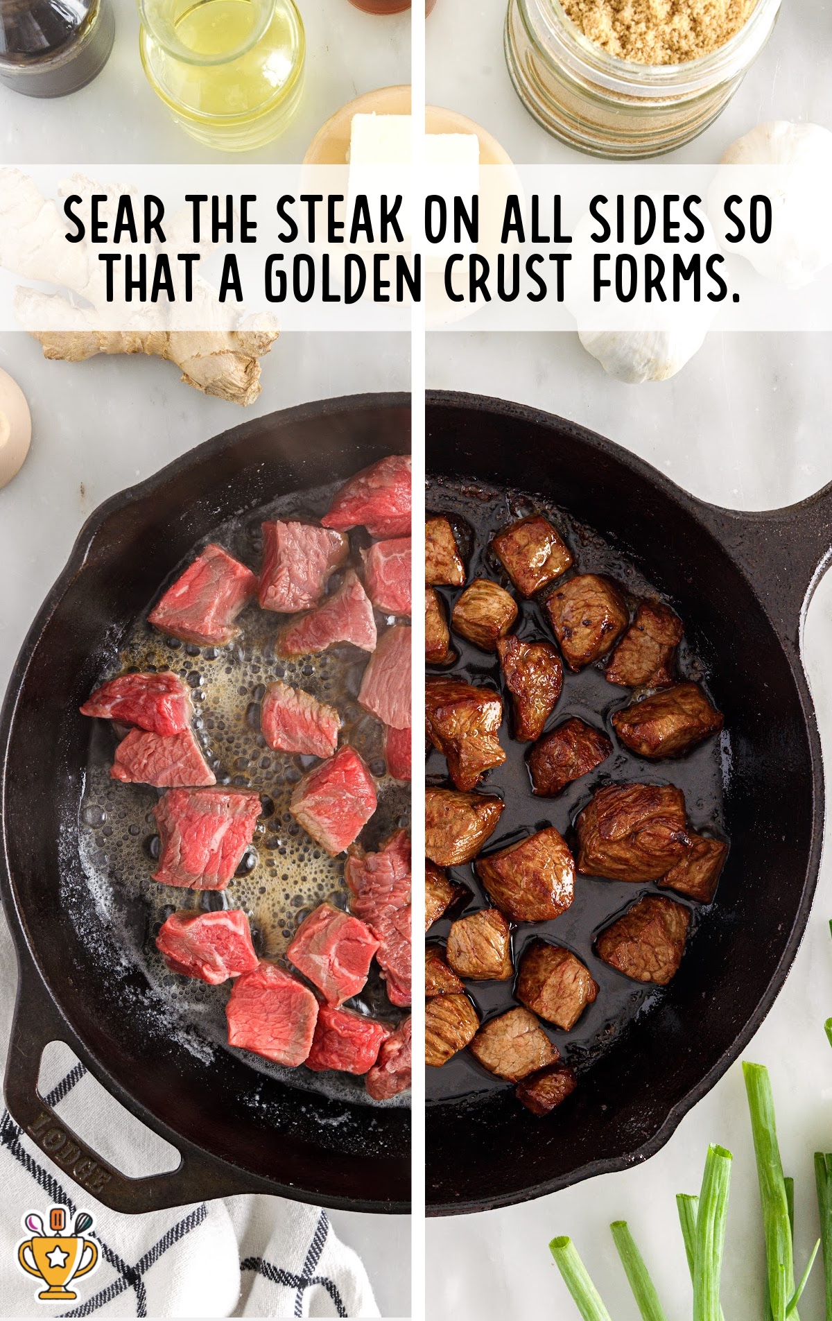 Side-by-side of raw steak cubes in a skillet and the same steak seared to a golden brown crust.