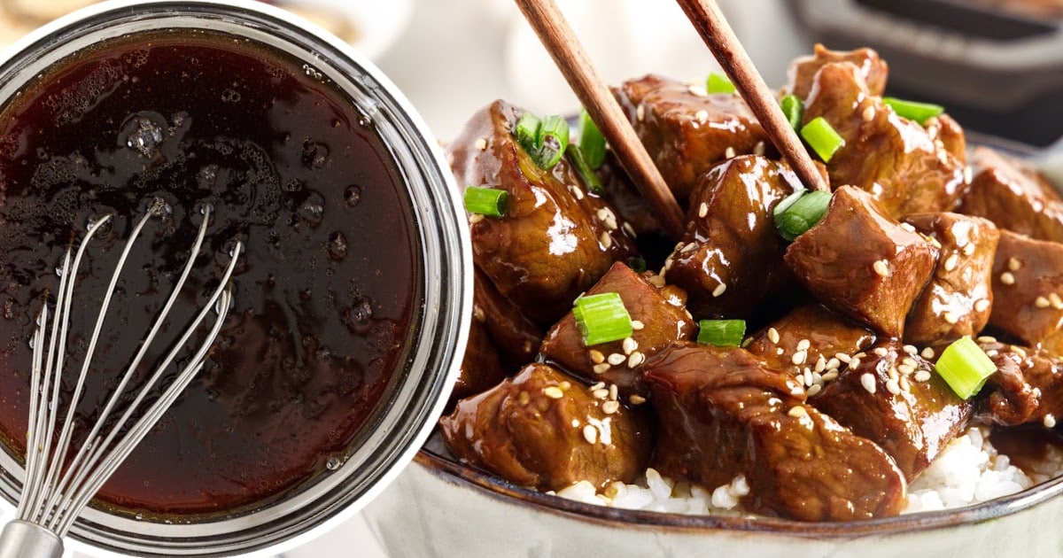 Side-by-side photo of thick teriyaki sauce in a saucepan with whisk, and glazed steak bites in a rice bowl.