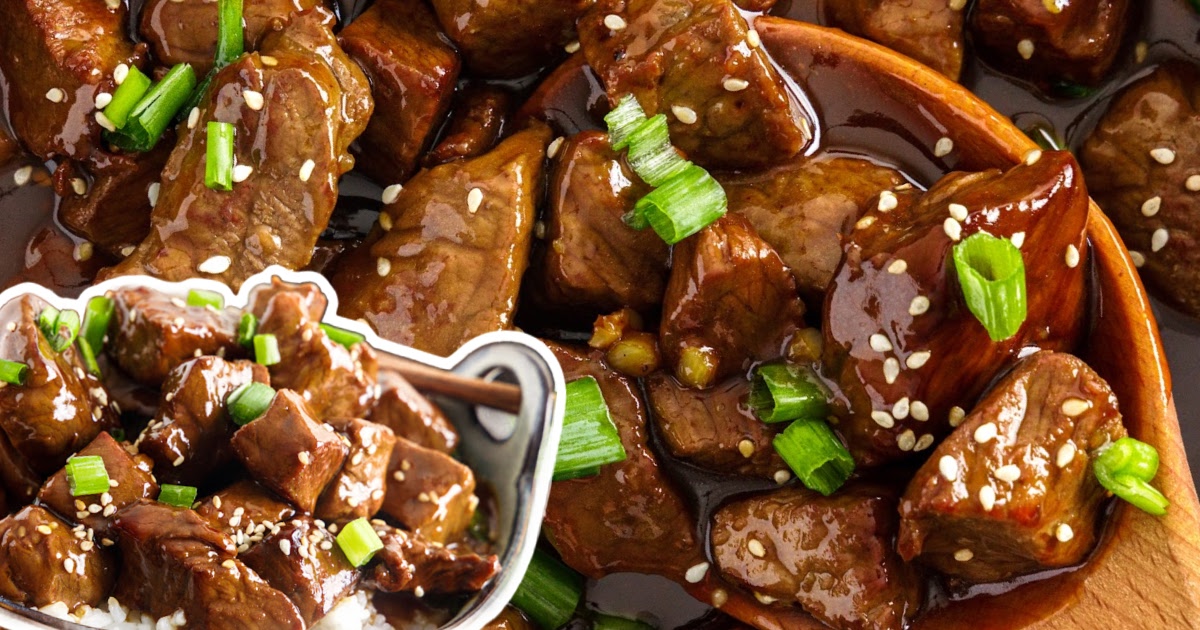 Overhead view of teriyaki steak bites in a skillet, with a smaller pop-out image of the finished dish over rice.