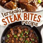 Bowl of teriyaki steak bites over rice and skillet filled with sauce, labeled "Teriyaki Steak Bites Recipe &ndash; Rich & Savory Flavors!"