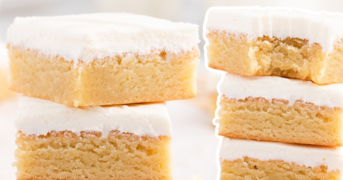 Close-up of frosted vanilla brownies in a collage layout, showcasing the moist interior and creamy topping of each slice.