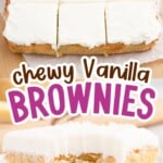 A sliced pan of vanilla brownies topped with creamy white frosting, with one brownie featured on a white plate showing a soft, chewy bite.