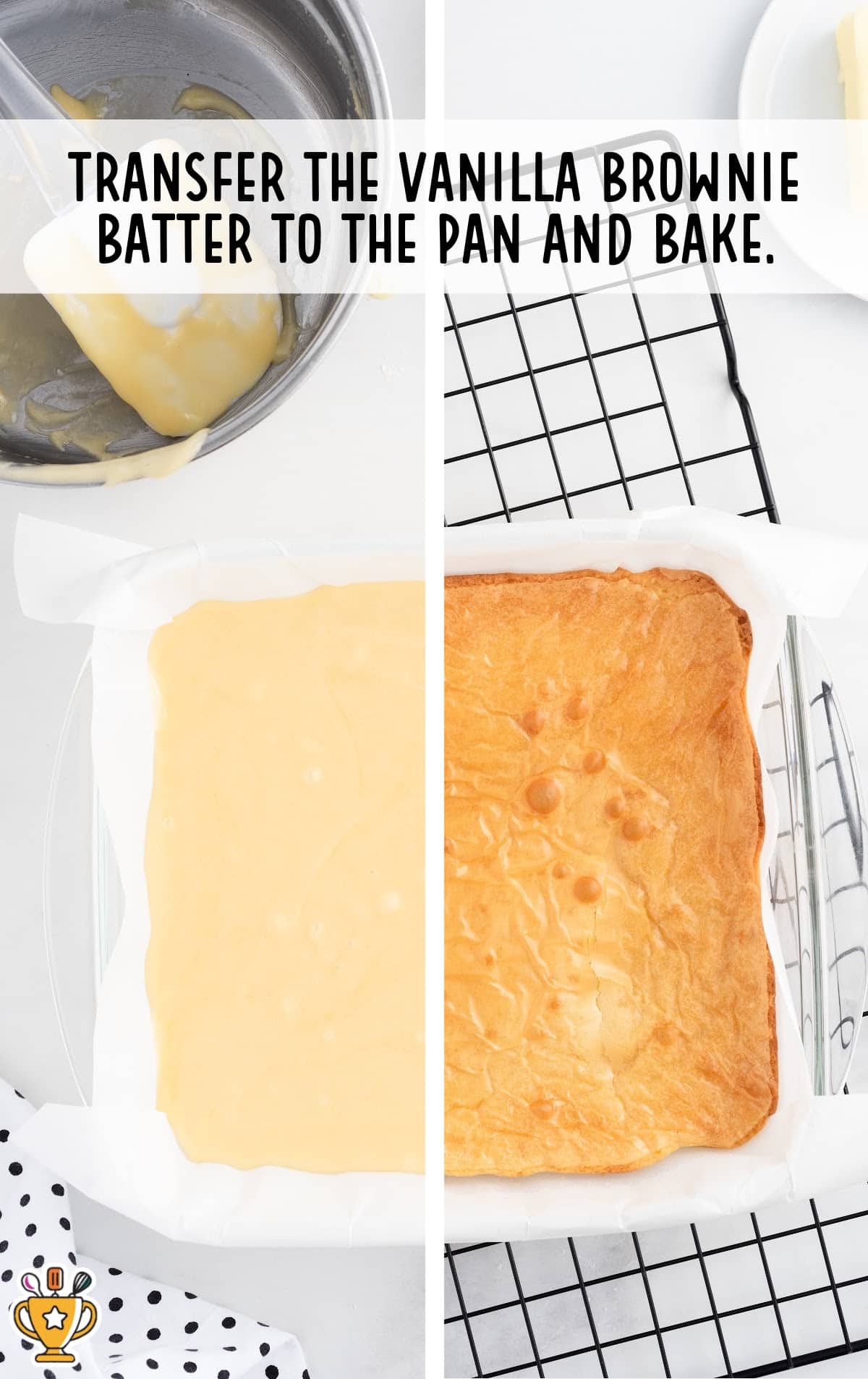 Side-by-side image showing raw vanilla brownie batter spread in a parchment-lined pan and a baked golden-brown vanilla brownie layer cooling.