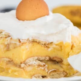Close-up of a creamy banana pudding slice layered with bananas, vanilla pudding, whipped topping, and Nilla wafers, topped with a single Nilla wafer.