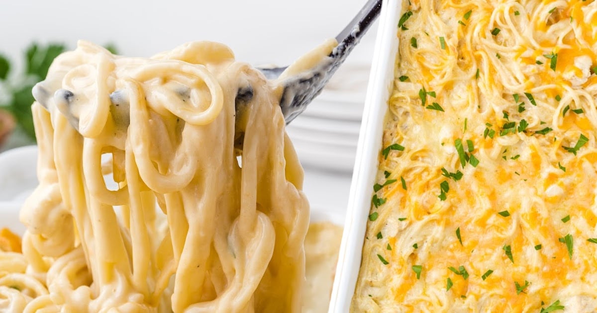 Split image showing a serving spoon lifting cheesy pasta on the left and a full golden-baked Chicken Tetrazzini casserole on the right.