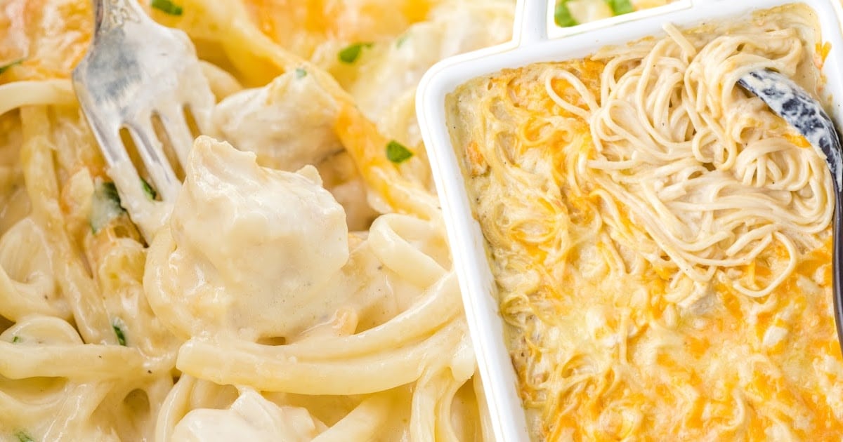 Close-up of Chicken Tetrazzini being scooped from the baking dish with a fork, featuring cheesy noodles, white chicken, and herbs.