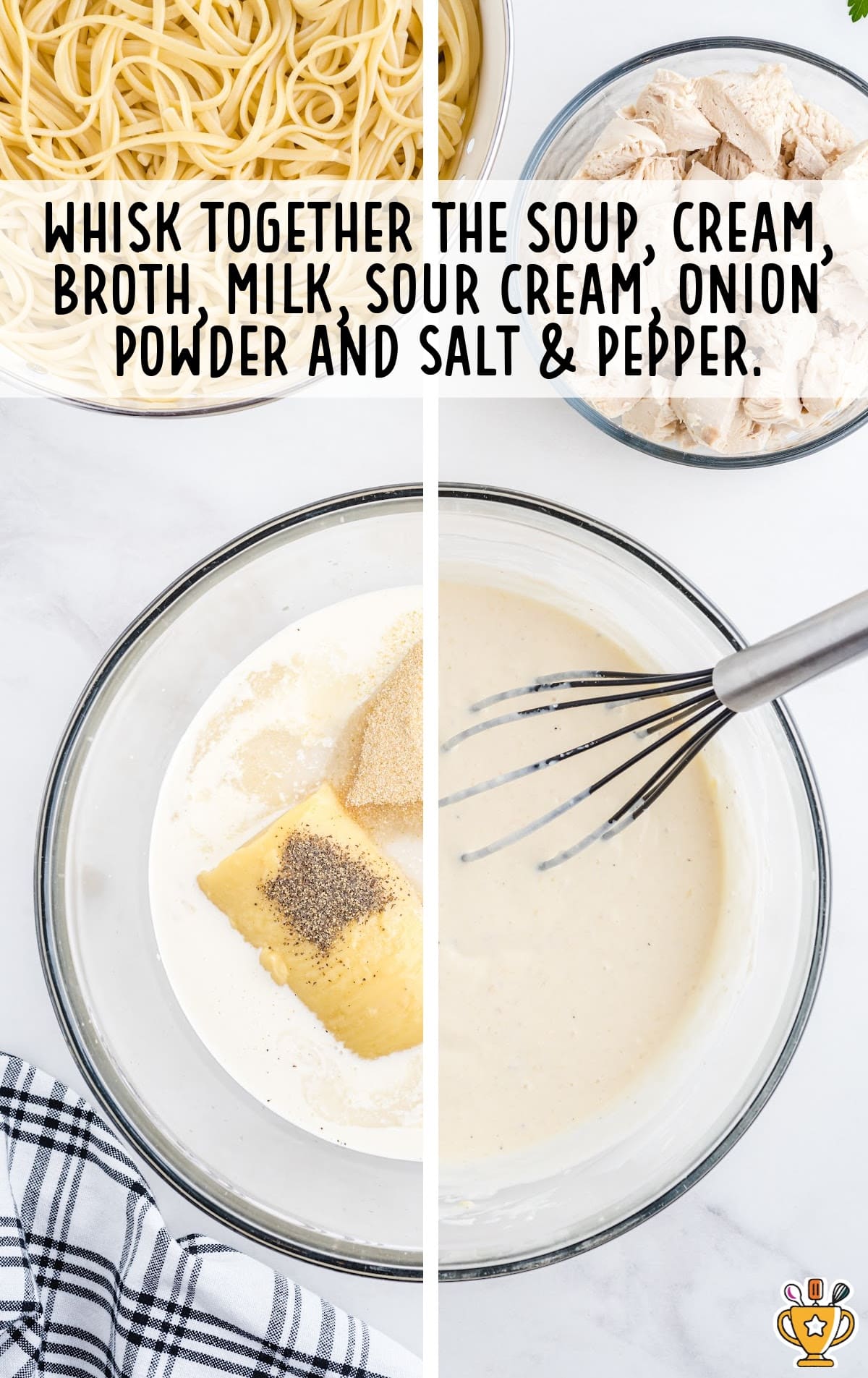 Two-panel image showing a mixing bowl of cream soup, cream, sour cream, broth, milk, onion powder, salt, and pepper before and after being whisked into a smooth sauce.