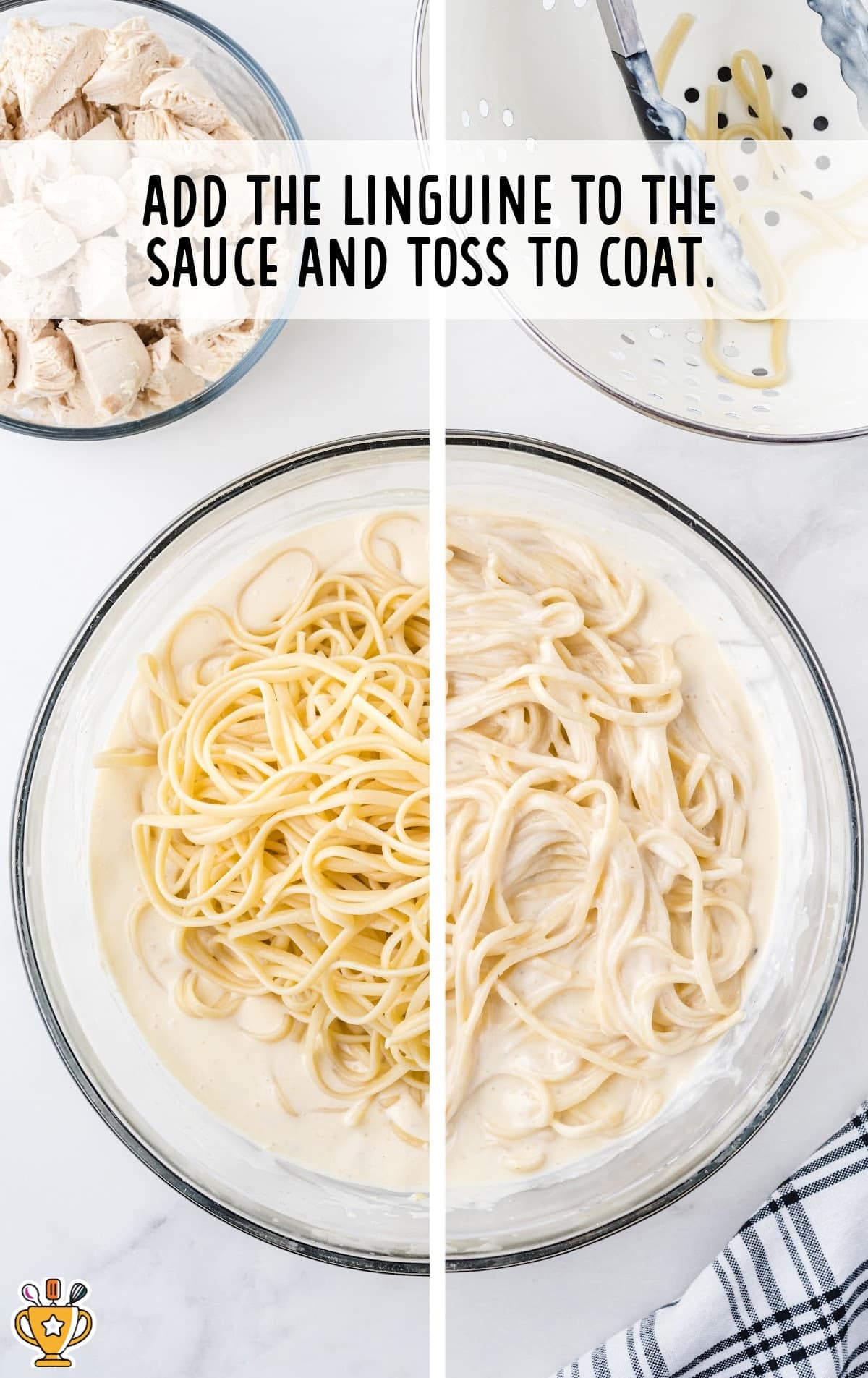 Two-panel image showing cooked linguine added to a mixing bowl of sauce. One side shows the pasta just added, and the other shows it fully coated in creamy sauce.