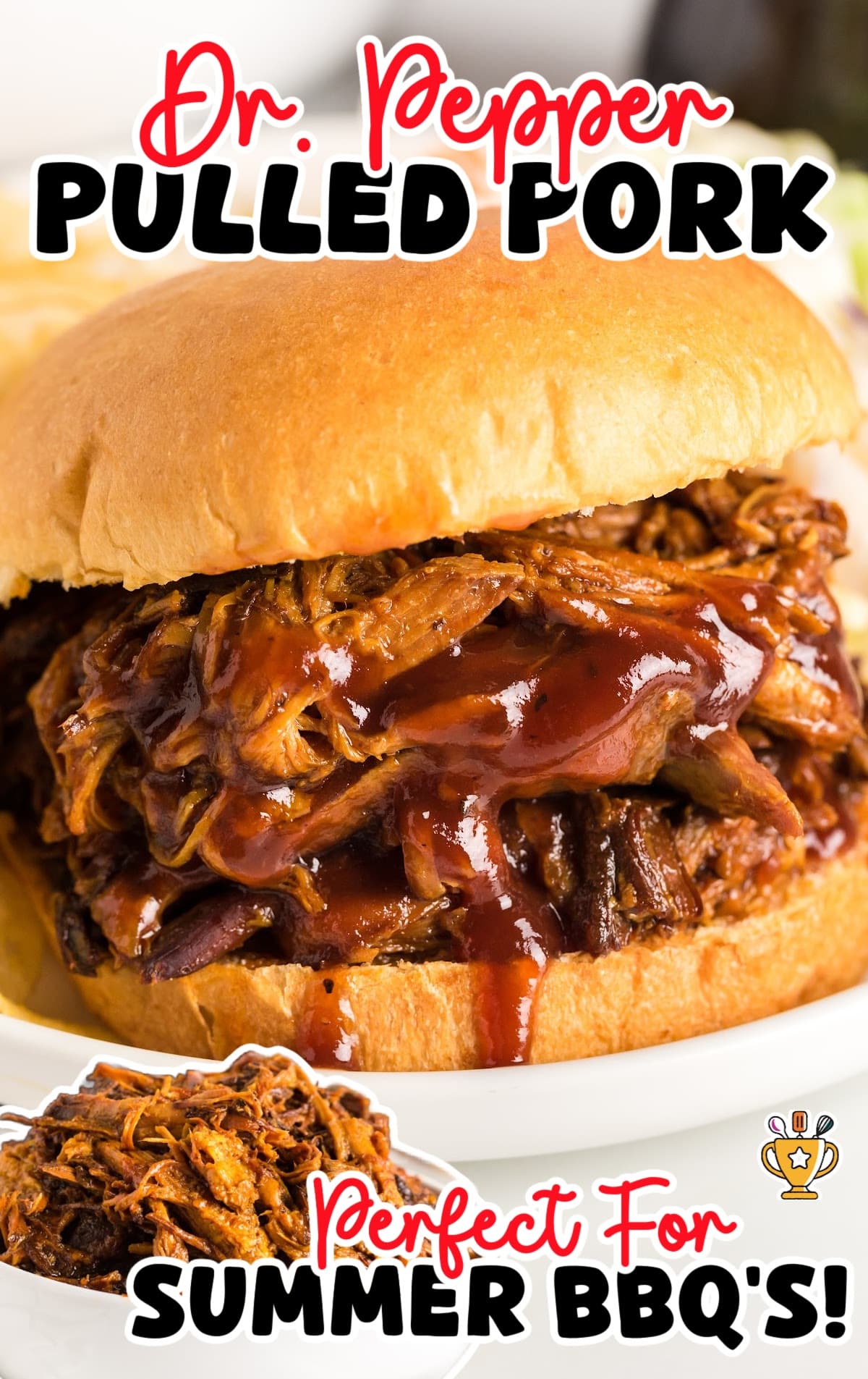 Close-up shot of a Dr. Pepper Pulled Pork sandwich on a soft bun, dripping with barbecue sauce, perfect for summer BBQs.
