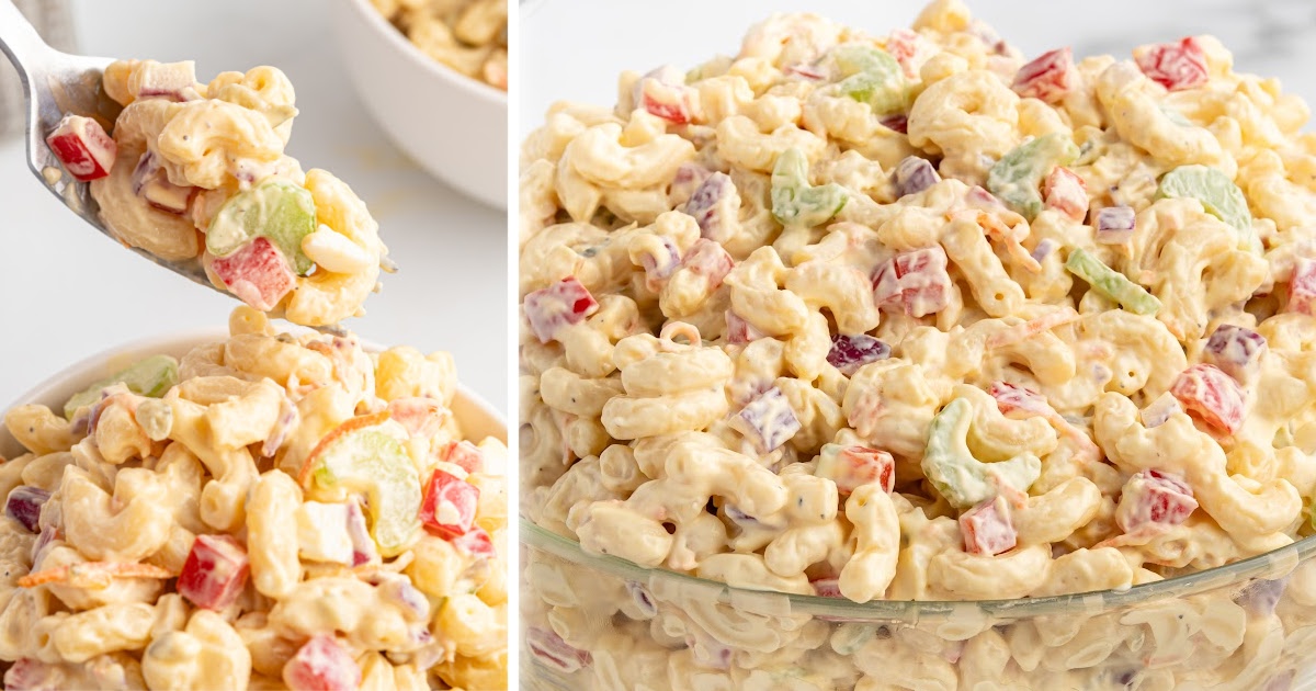 Split image showing a forkful of macaroni salad on the left and a full bowl brimming with the salad on the right.
