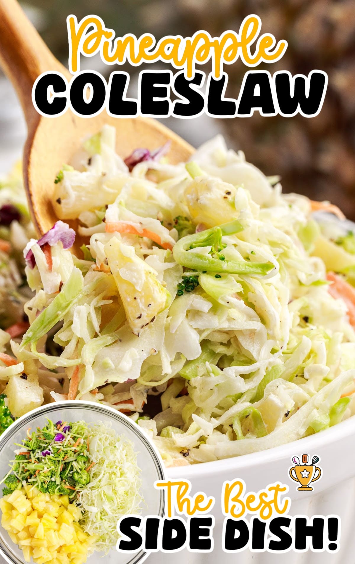 Close-up of pineapple coleslaw being scooped with a wooden spoon, highlighting shredded cabbage, pineapple chunks, and broccoli.