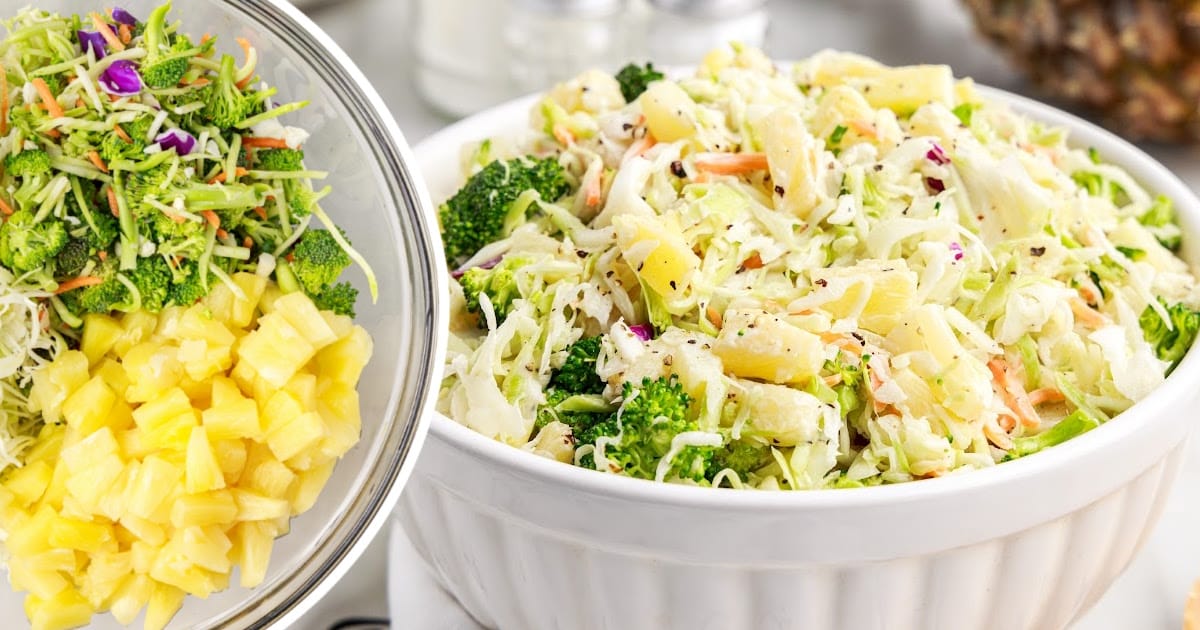 Side-by-side comparison of chopped slaw ingredients in a bowl next to a completed bowl of pineapple coleslaw.