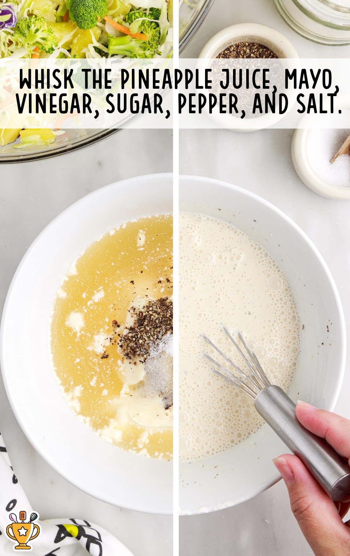 Two-panel image showing ingredients in a bowl, then a creamy coleslaw dressing being whisked smooth and ready to pour.