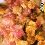 Overhead close-up of warm, gooey rhubarb dump cake with golden brown cake topping and tender pink rhubarb filling, text overlay reads "Rhubarb Dump Cake &ndash; Ready in 50 mins!" with a stopwatch icon and a small baking dish image in the corner.