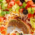 Vertical pin graphic showing a scoop of dip on a chip with the dish in the background, labeled as easy to prepare.