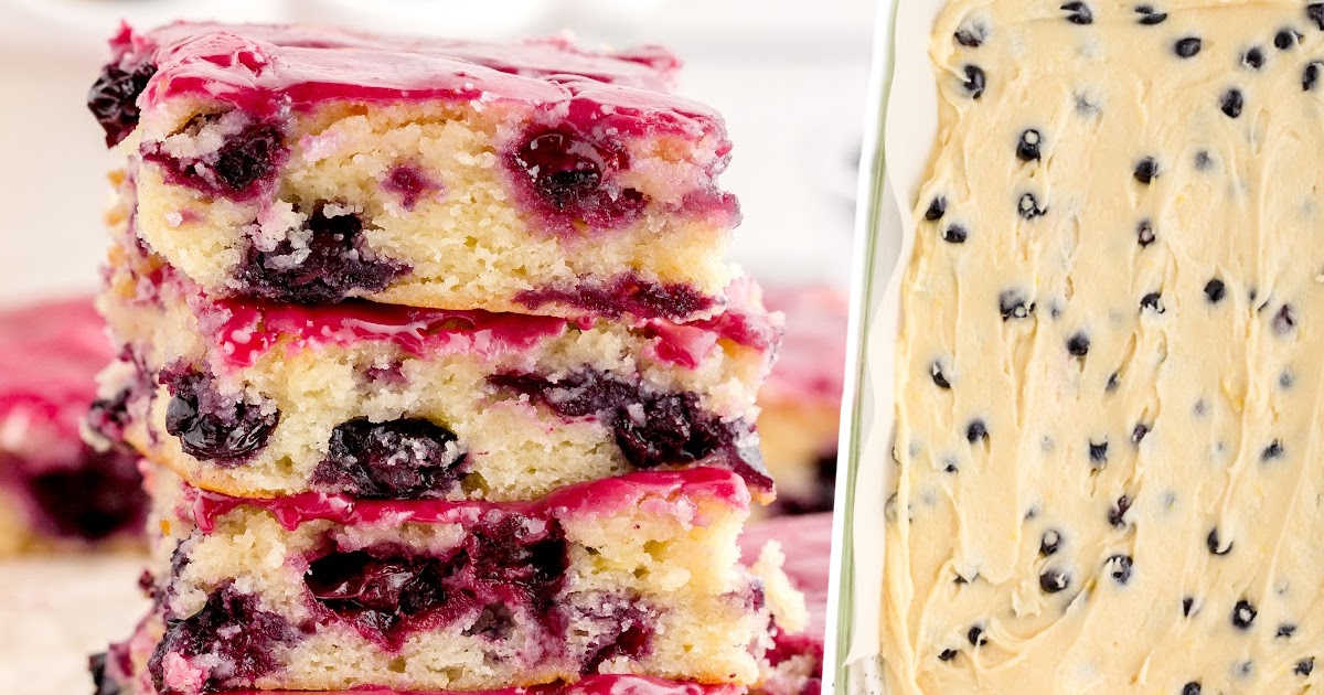 a stack of Blueberry Lemon Blondies and a mixture of it in a baking dish