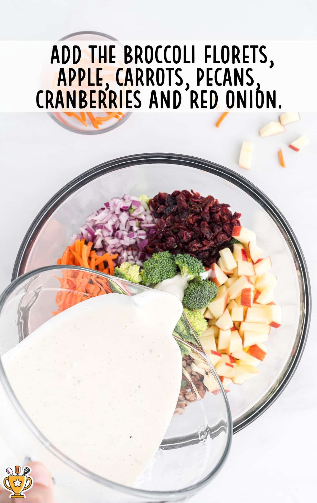 broccoli florets, apple, carrots, pecans, cranberries and red onion added to a bowl
