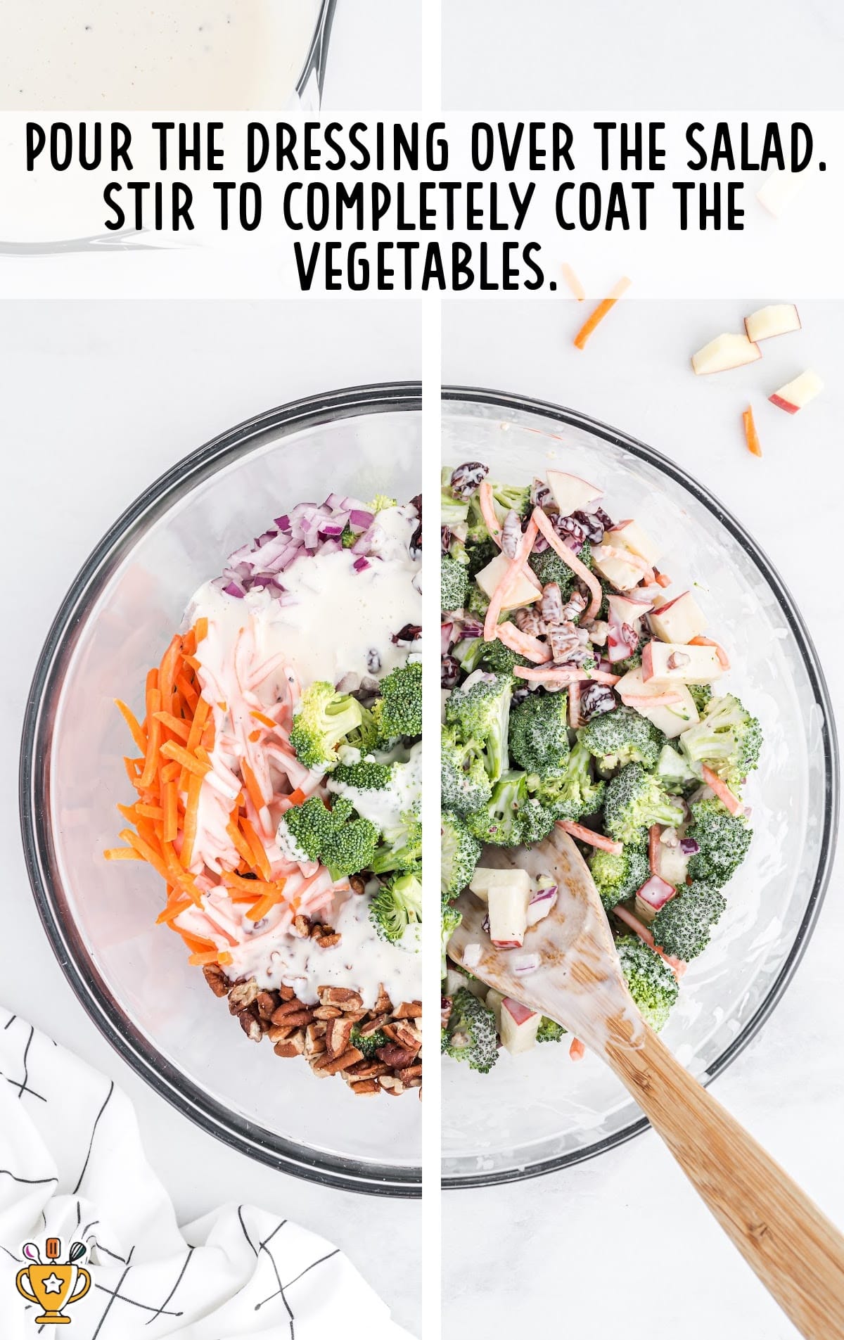 dressing poured over the salad in a bowl