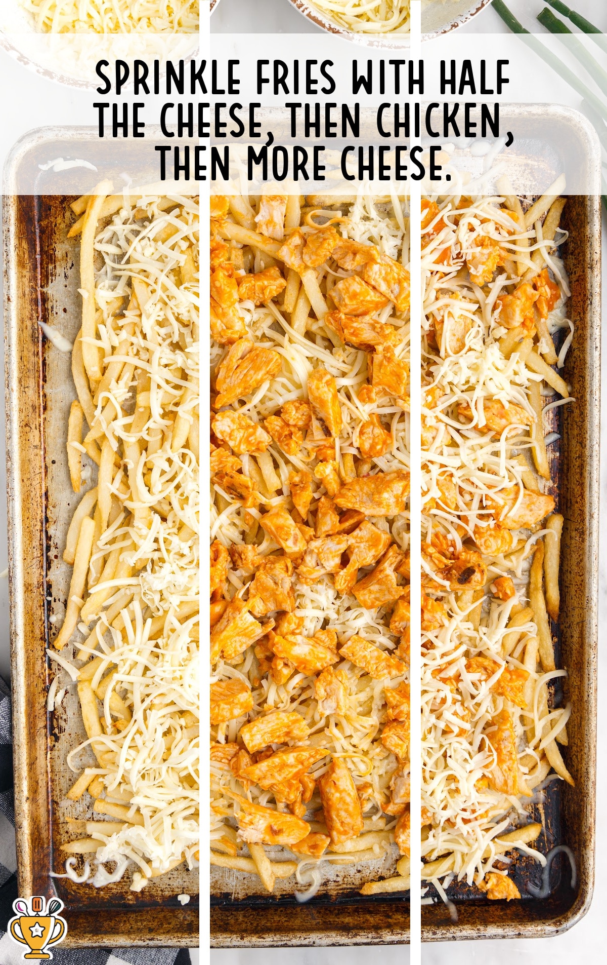 A try of buffalo chicken fries covered in cheese and chicken.