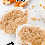 Butter pecan cheesecake bites sliced in half to show soft, creamy interior, with almond bark coating and chopped pecans, labeled with ingredients and title overlay.