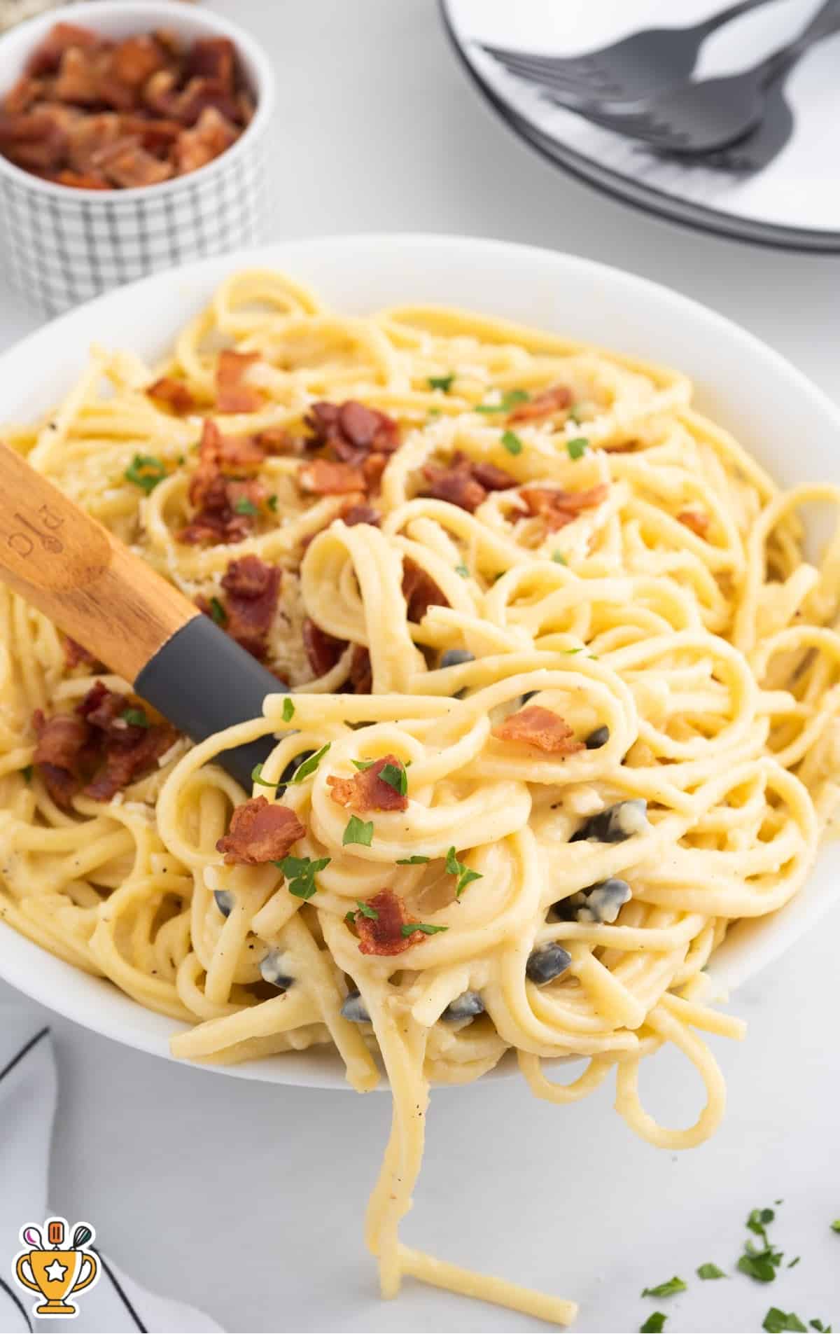 Carbonara Pasta in a white bowl