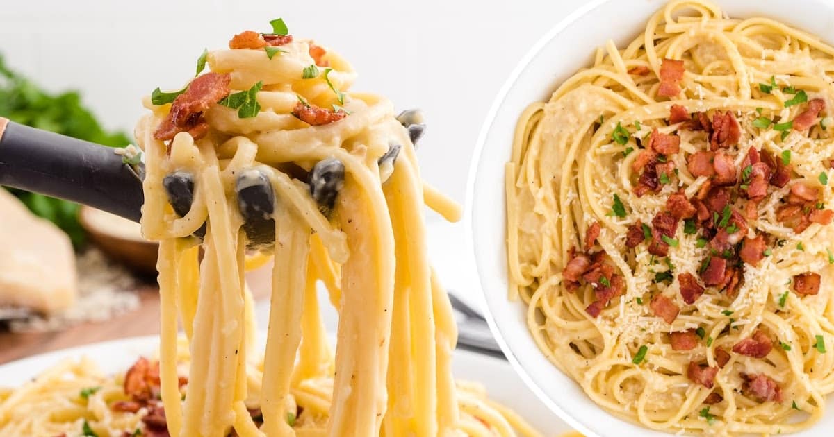 Carbonara Pasta in a white bowl