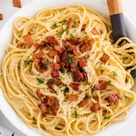 Carbonara Pasta in a white bowl