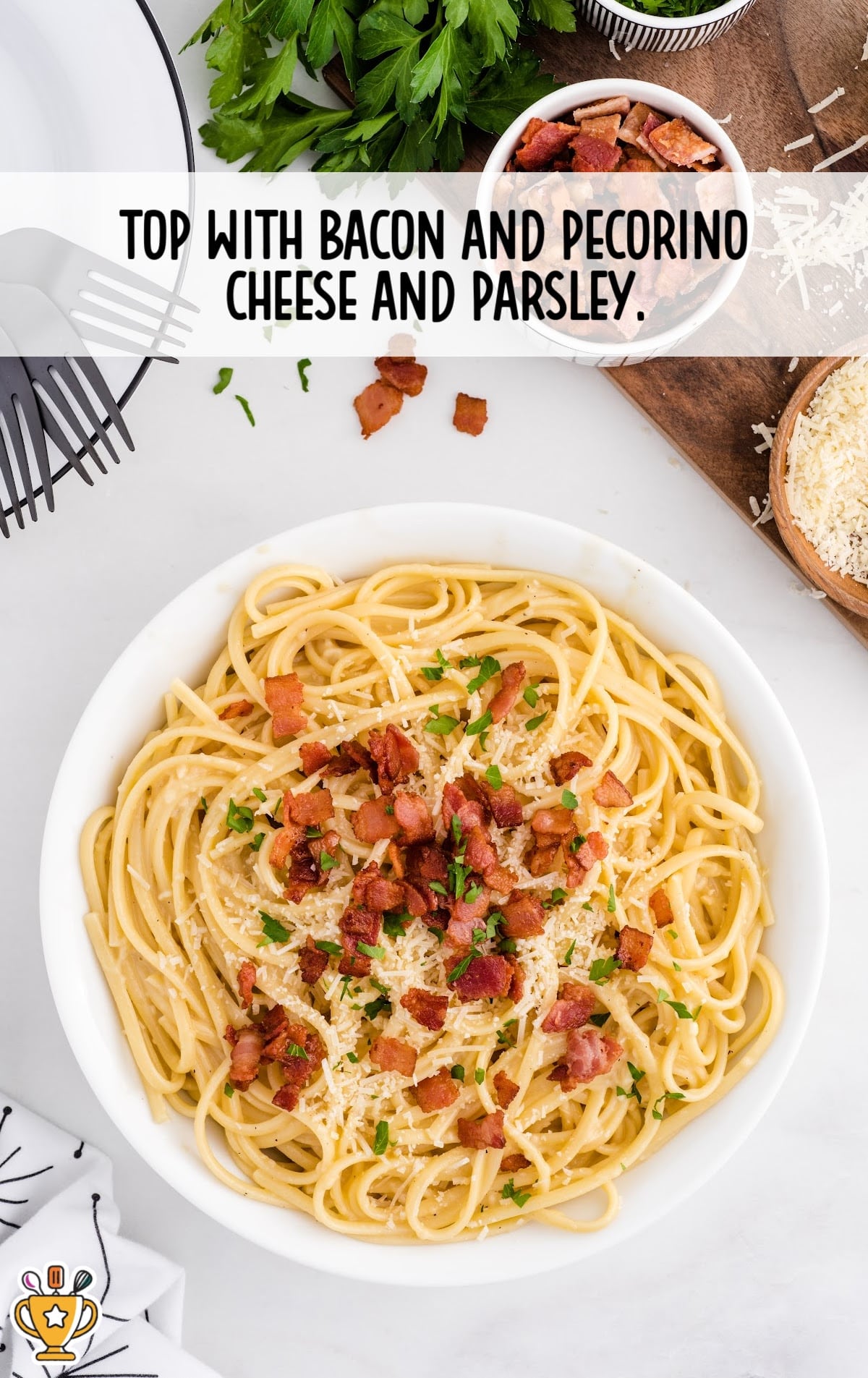a white bowl of Carbonara Pasta