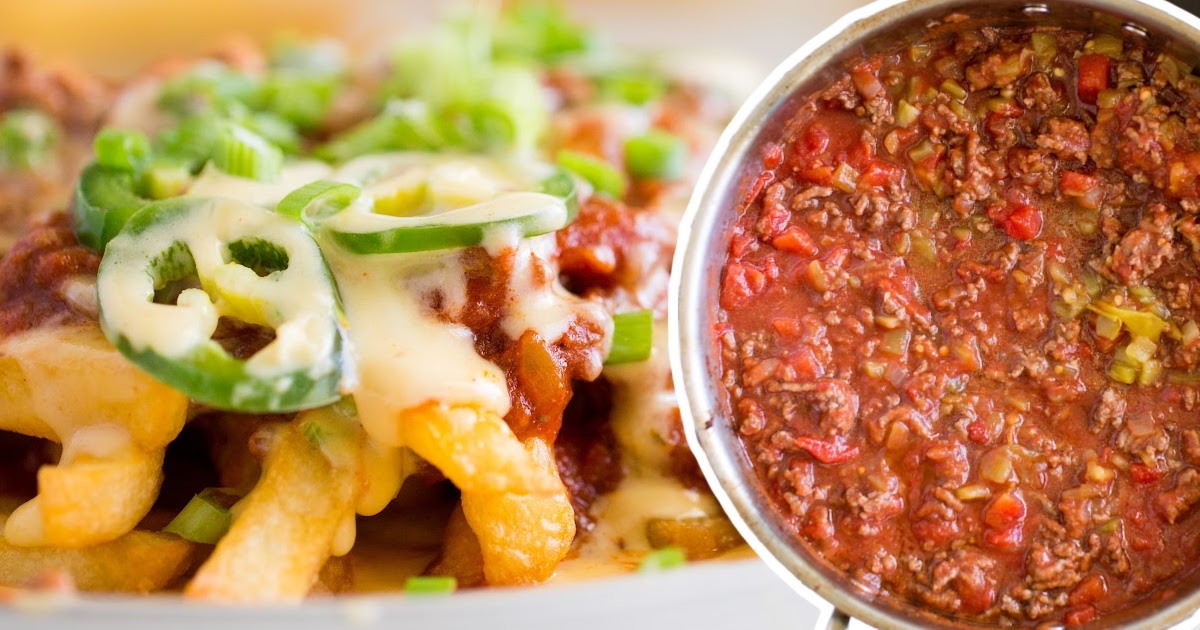 Side-by-side image of cheesy chili fries garnished with green onions and a full pot of chunky beef and pepper chili.