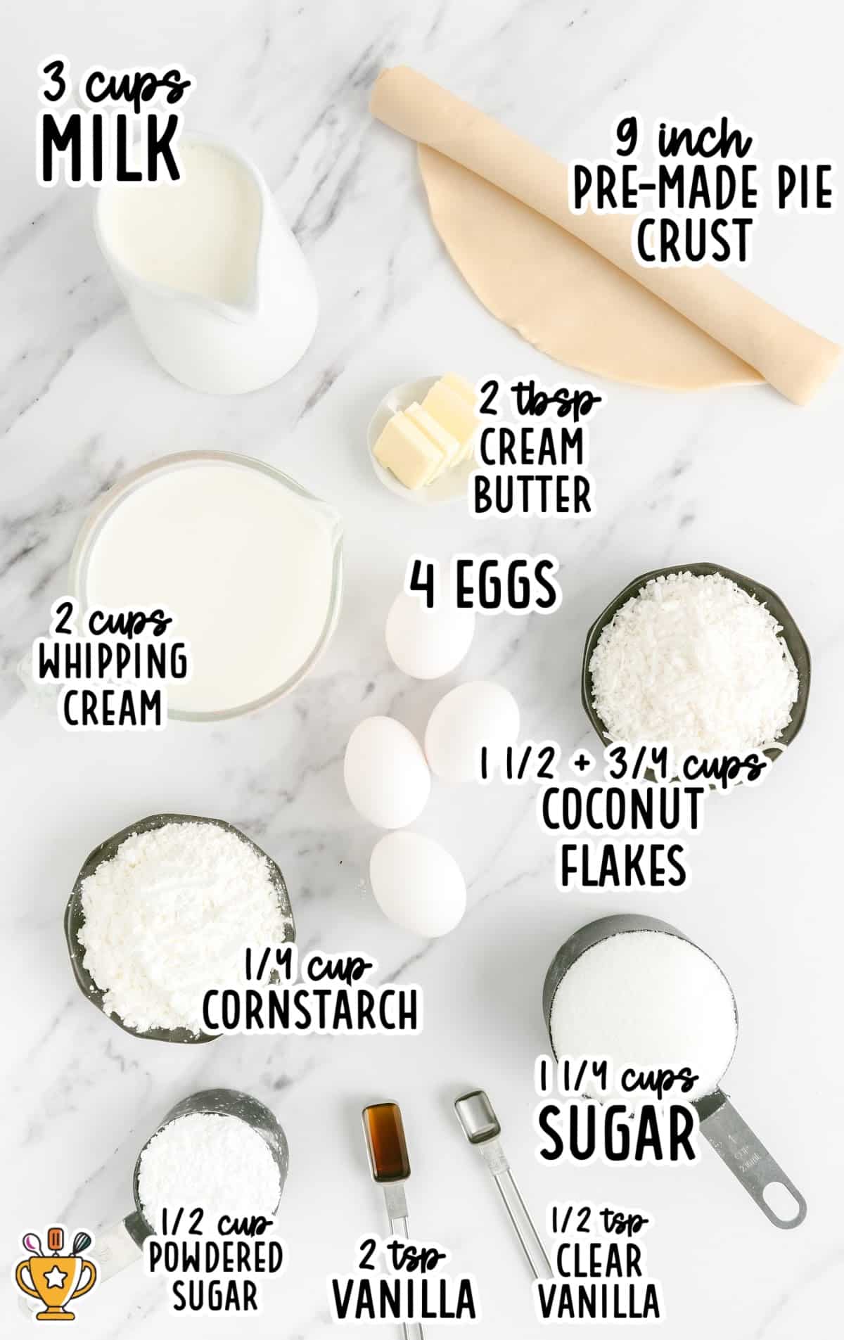 Ingredients for coconut cream pie including shredded coconut, eggs, cream, sugar, and pie crust.