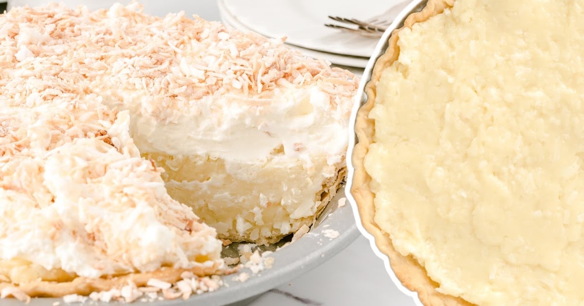 Side view of a coconut cream pie slice, highlighting the fluffy whipped topping and toasted coconut.