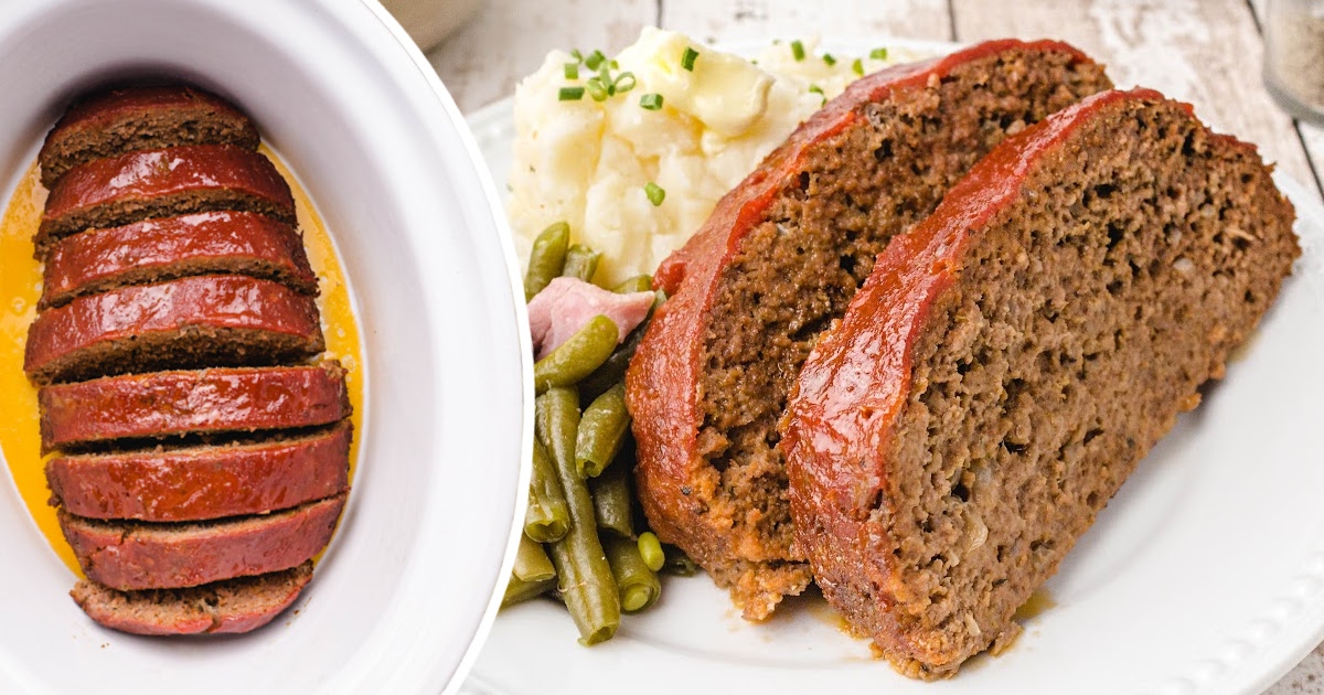 Crockpot Meatloaf, and two slices on a plate