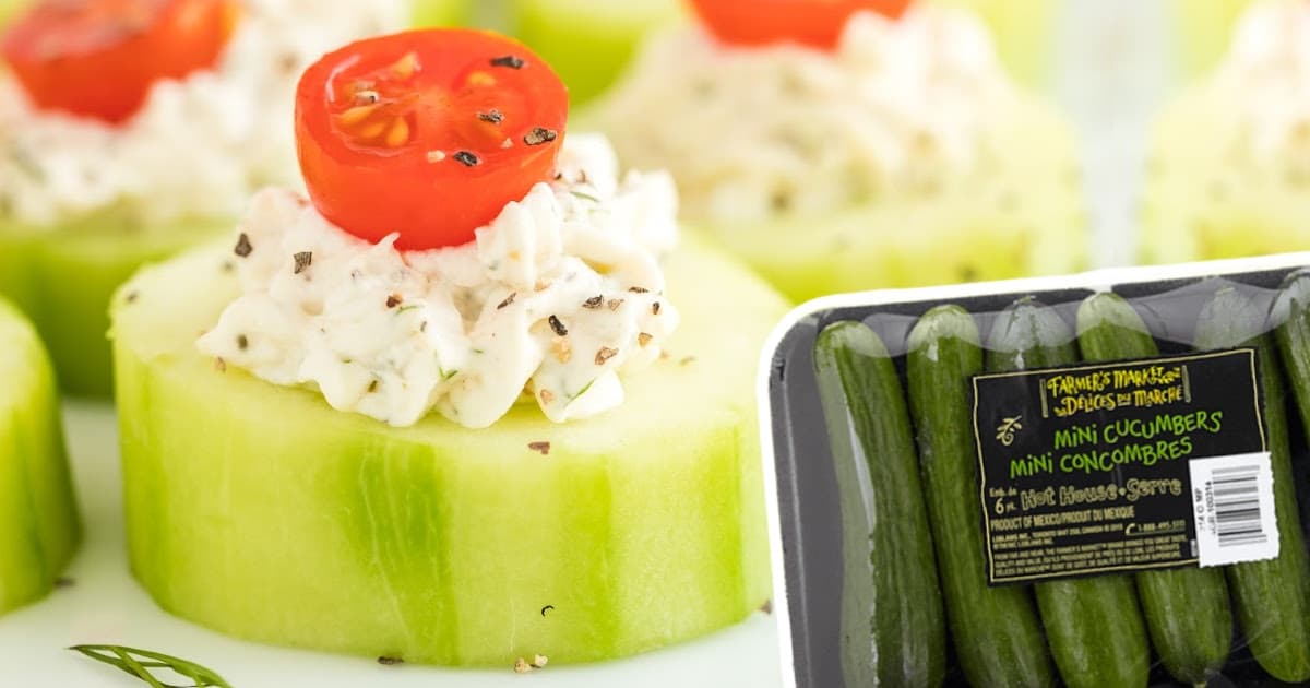 Brightly lit collage of cucumber bites and a bowl of cherry tomatoes with bold text that reads &ldquo;Cucumber Bites.&rdquo;