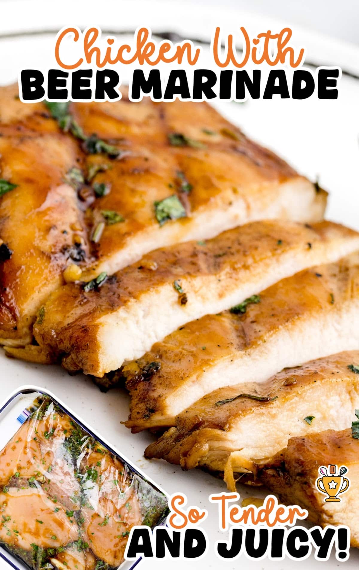 Sliced chicken breast on a white plate, garnished with fresh herbs and pepper flakes, emphasizing the juicy texture.