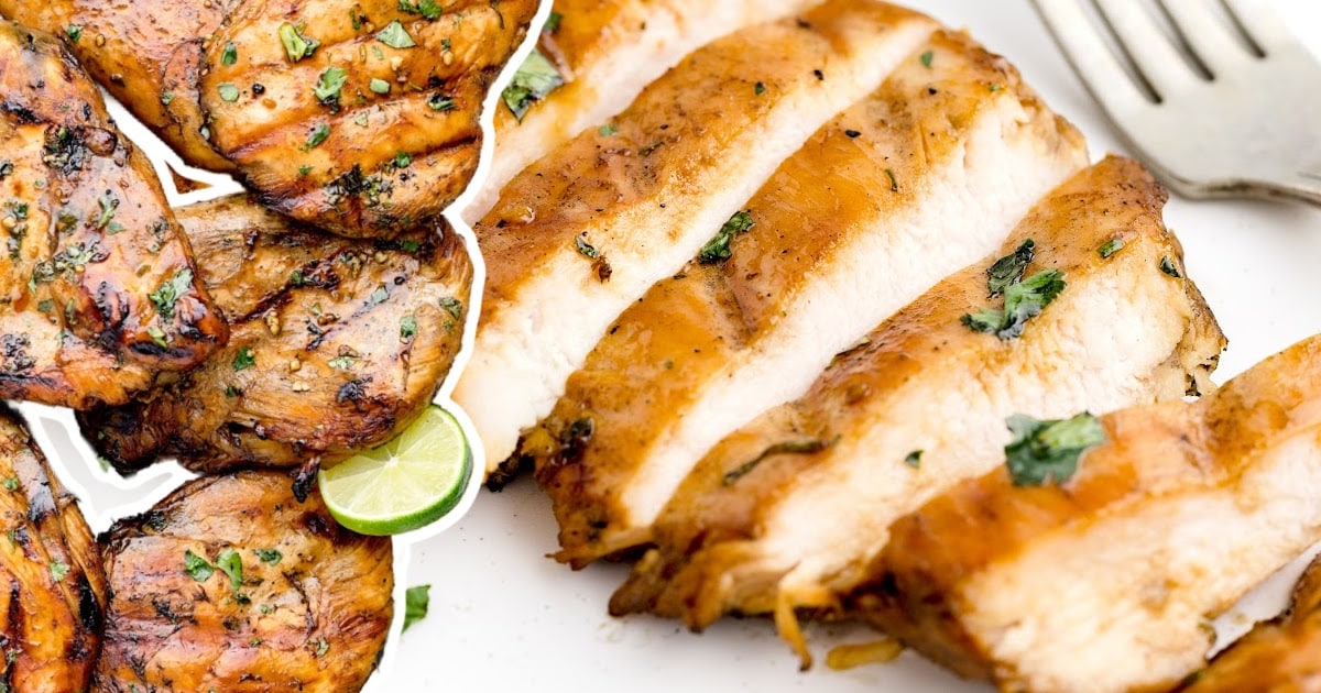 Sliced grilled chicken plated with a text overlay reading “Chicken With Beer Marinade — So Tender and Juicy!” with a corner image of chicken in marinade.