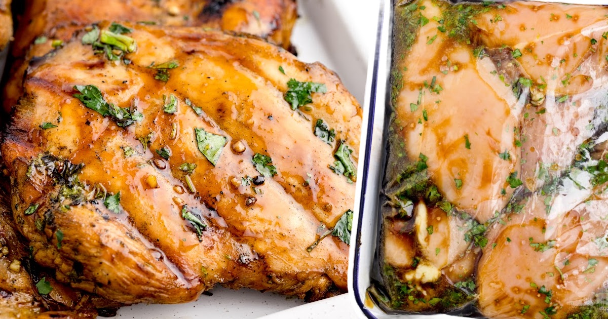 Side-by-side layout of grilled chicken on one side and sliced chicken breast on the other, garnished with chopped herbs.
