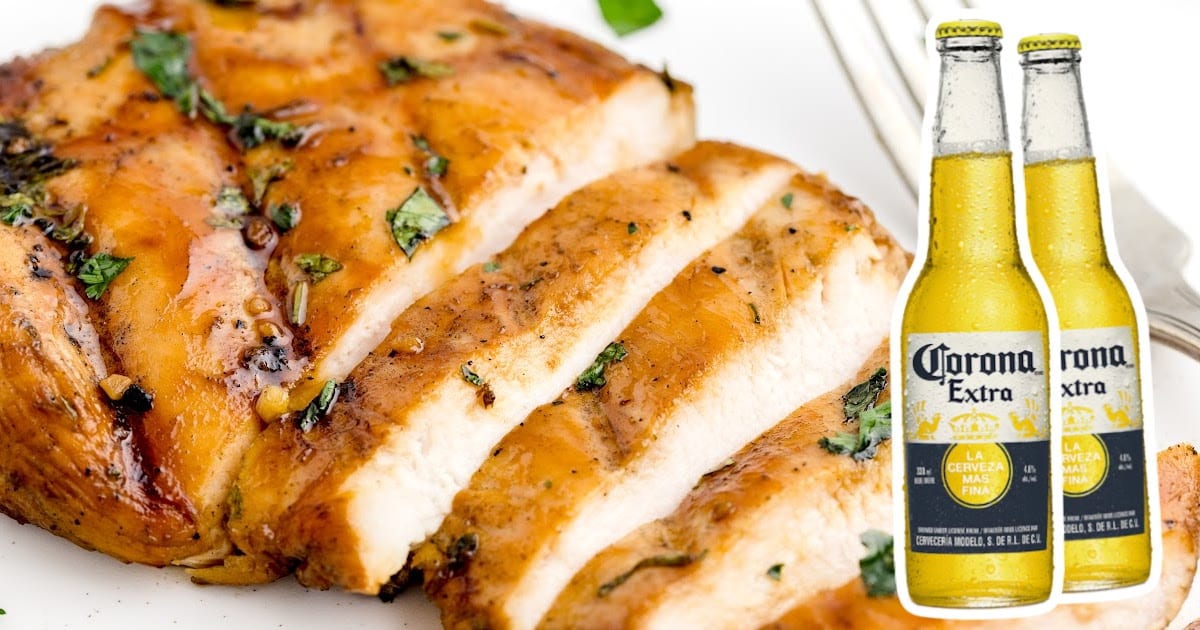 Left side shows a cooked marinated chicken breast while the right side displays raw chicken soaking in marinade inside a dish.