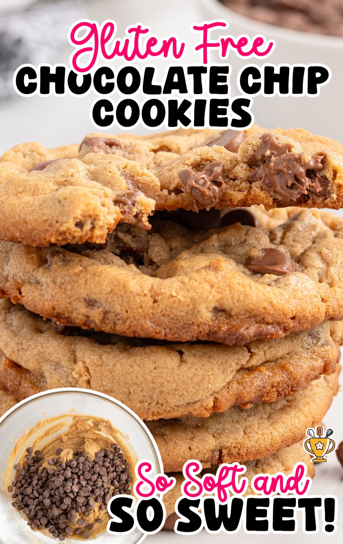 Image featuring a stack of soft and gooey gluten-free chocolate chip cookies with melty chocolate chips. The text "Gluten Free Chocolate Chip Cookies" is displayed in bold, and there is a close-up shot of a cookie being broken open, showcasing the chocolate chips inside.