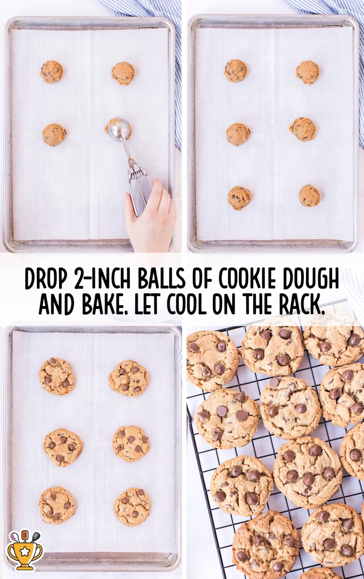 The second step of the recipe process showing the mixture of cookie dough, with a hand stirring in chocolate chips. The dough is prepared in a silver mixing bowl, ready to be scooped onto a baking sheet.