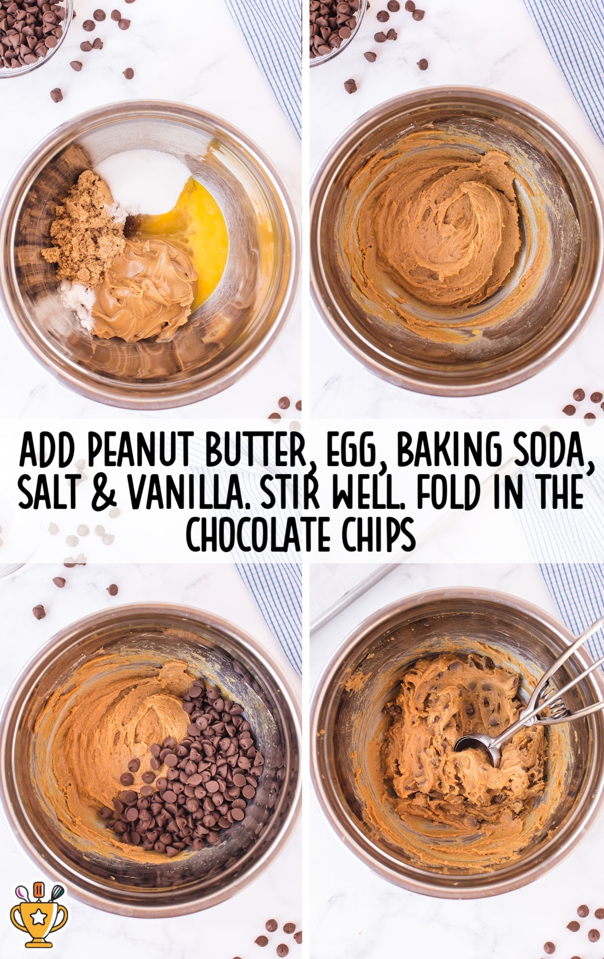 An image showing the process of making gluten-free chocolate chip cookies. The ingredients are being mixed in a stainless steel bowl, including butter, sugar, and peanut butter, with a hand stirring.