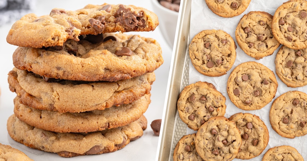 A close-up shot of gluten-free chocolate chip cookies, with a crispy exterior and melty chocolate chips. Some cookies are stacked on a plate, and the image focuses on their golden brown edges.