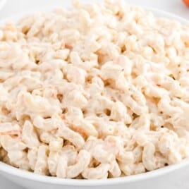 a white bowl of Hawaiian Macaroni Salad
