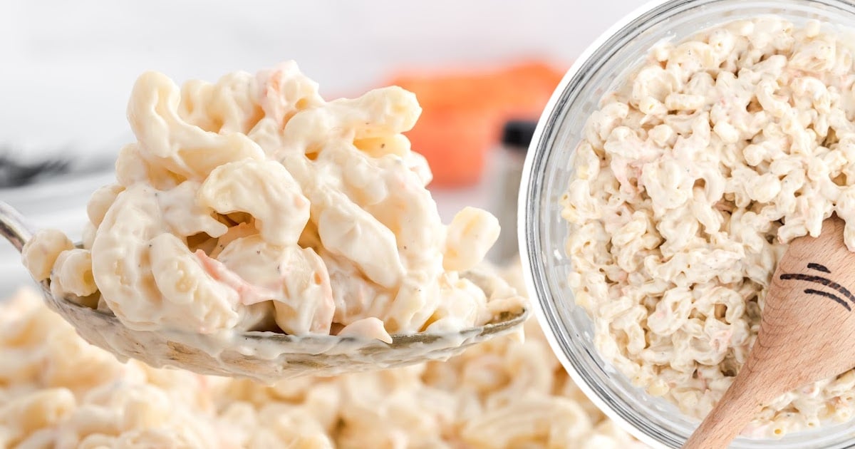 a spoon holding some Hawaiian Macaroni Salad and some in a bowl