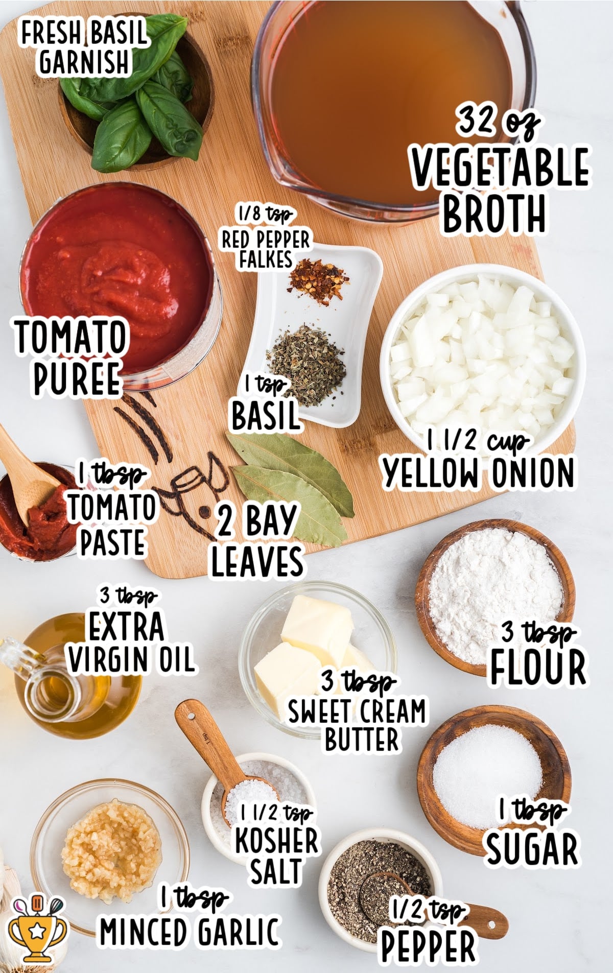 Ingredients for homemade tomato soup, including vegetable broth, tomato puree, fresh basil, onion, garlic, and various seasonings.
