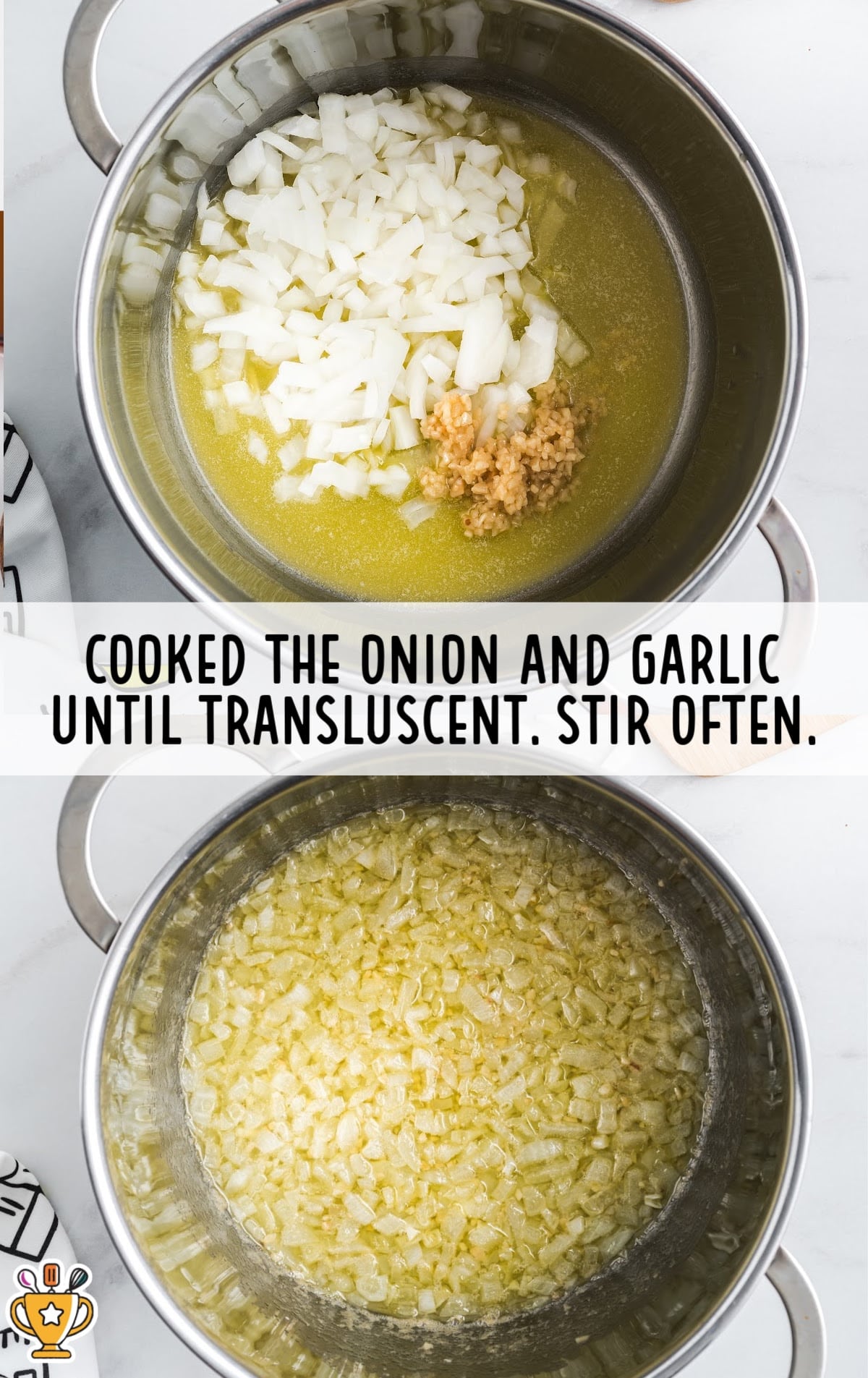 A saucepan with chopped onions and garlic being sautéed in butter as the first step in making homemade tomato soup.