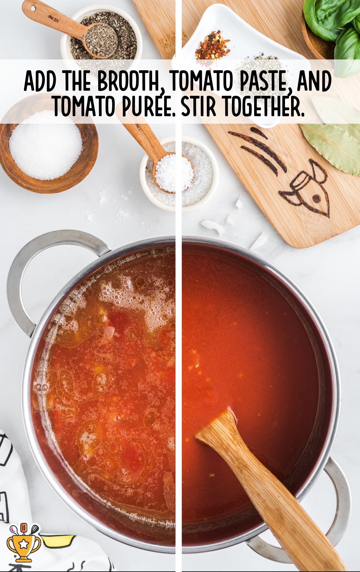 A saucepan showing the addition of vegetable broth, tomato puree, and tomato paste to the soup base, ready to be stirred.