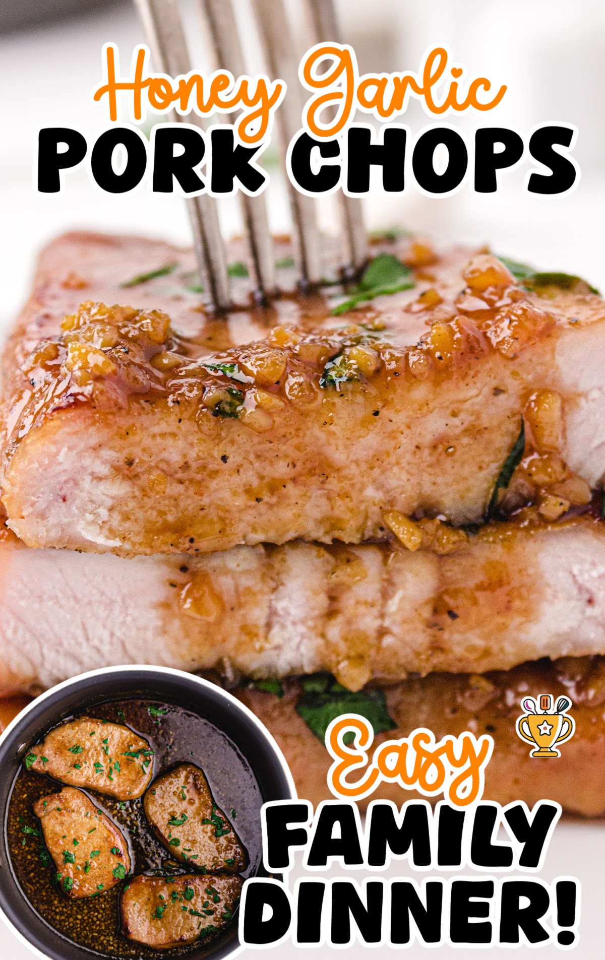 a fork taking a Honey Garlic Pork Chop from a stack