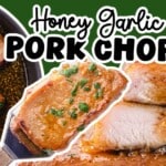 Honey Garlic Pork Chops in a skillet, one held by a spatula and a stack of three Honey Garlic Pork Chops