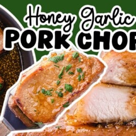 Honey Garlic Pork Chops in a skillet, one held by a spatula and a stack of three Honey Garlic Pork Chops